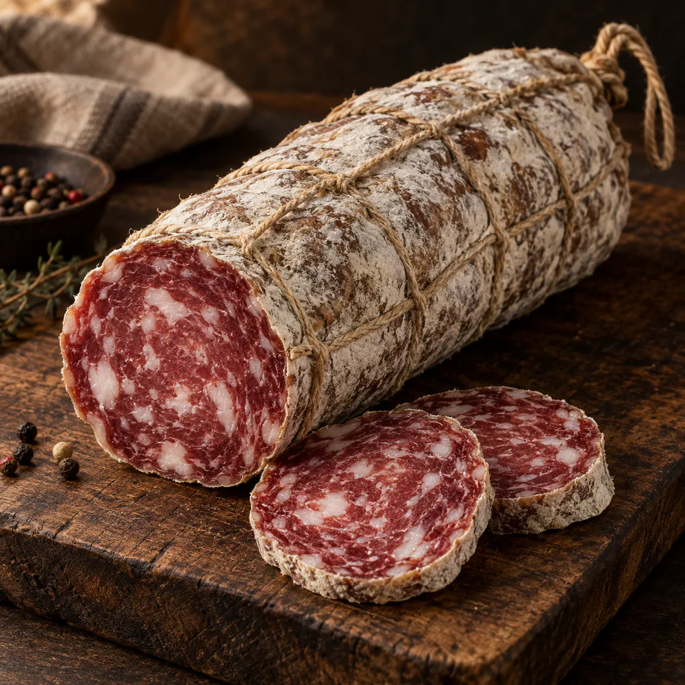 Saucisson bridé d’environ 1 kg ficelé en maillage traditionnel